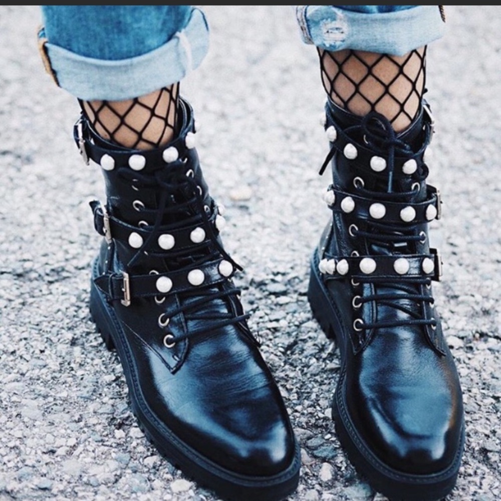 ZARA Black Leather Moto Combat Boots Pearl Studded Buckle Lace Size 37 or 6.5
